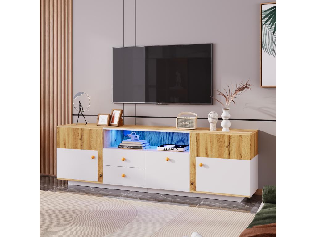 Meuble TV avec 2 portes 3 tiroirs / 2 niches - LEDs - Panneaux de particules - Chêne et blanc YRNU73469