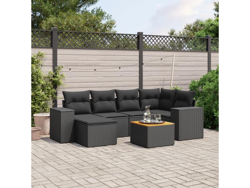 Salon de jardin 7 pièces avec coussins noir résine tressée XWAL67115