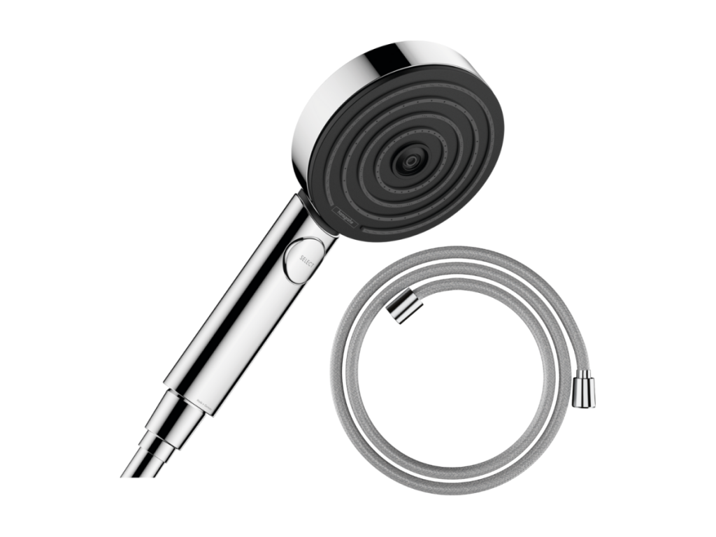 Pommeau de douche Meublori Pulsify Select EcoSmart 105 3 jets relaxation chromé flexible de douche Meublori Designflex 200 cm chromé