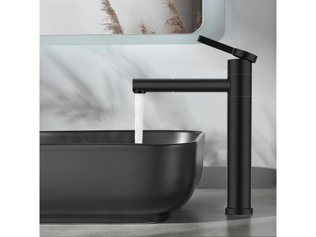 Noir Robinet Salle de Bain Mitigeur pour Vasque Haut Bec Pivotant 360 Robinetterie de Lavabo en Acier Inox Design Moderne IPXP33416