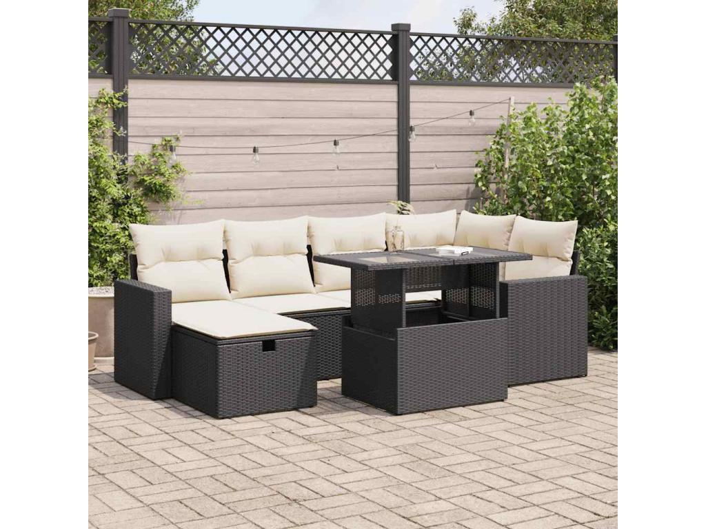 Salon de jardin 7 pcs avec coussins noir résine tressée QNWF75499