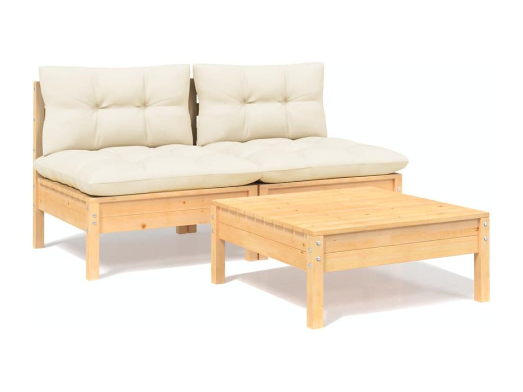 Salon de jardin 3 pcs avec coussins crème bois de pin EEYI42935