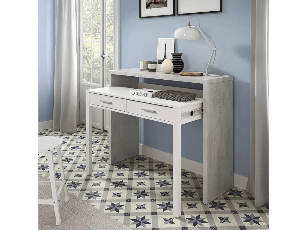 Bureau Chicyla Bureau avec plateau extensible Bureau PC avec 2 tiroirs 99x36h88 cm Ciment et Blanc GFHZ83366