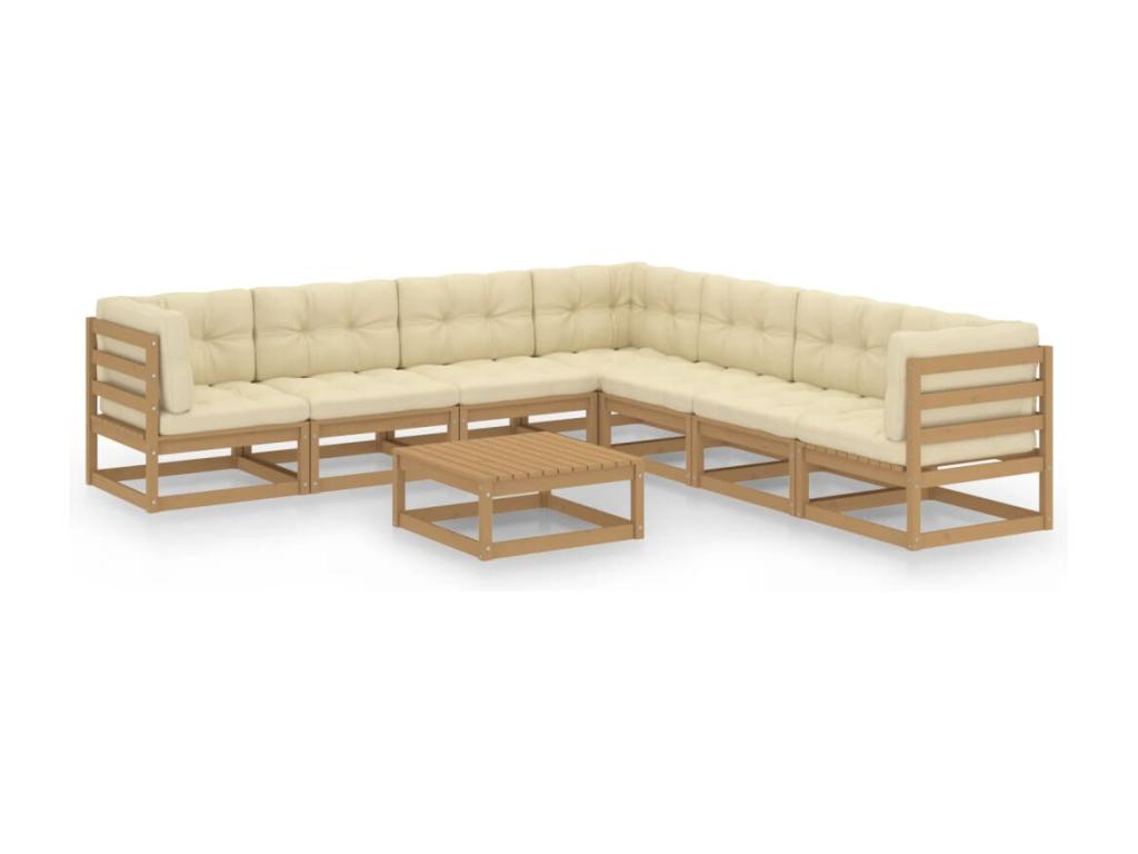 Salon de jardin 8 pièces avec coussins Marron miel Bois de pin GRDQ23376