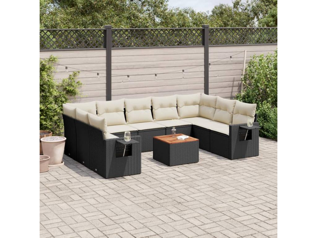 Salon de jardin 10 pièces avec coussins noir résine tressée NVJK64161