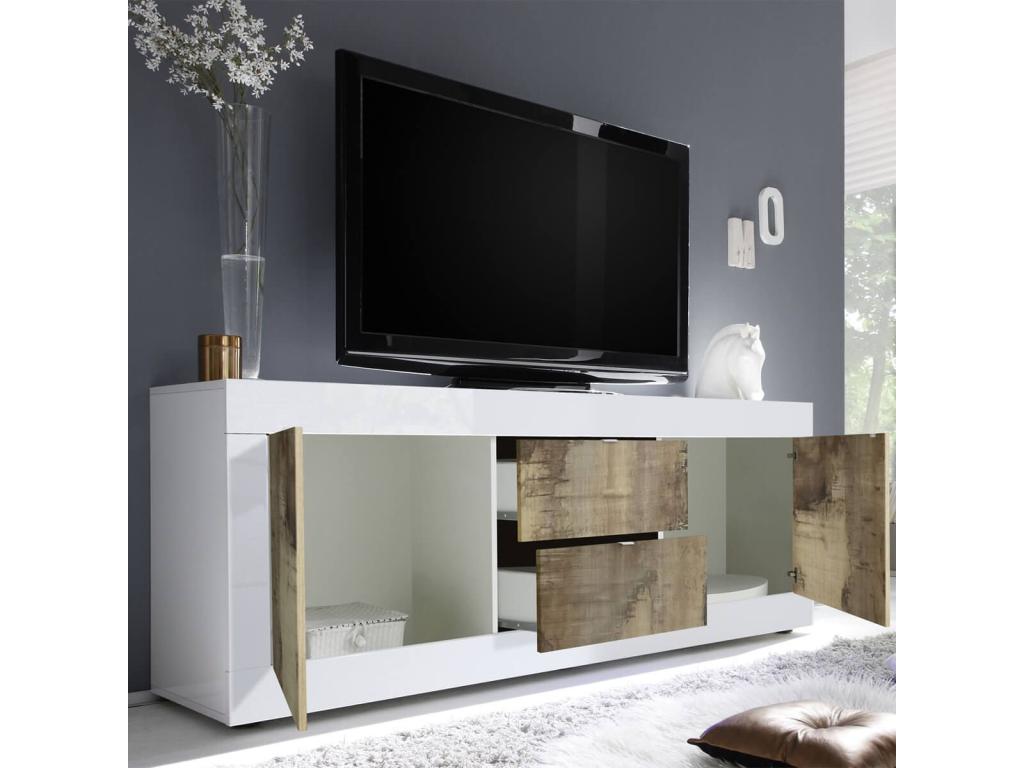 Chicyla - Meuble TV 2 Portes 2 Tiroirs Finition Blanc Laqué et Aspect Bois Chicyla KKUW96835