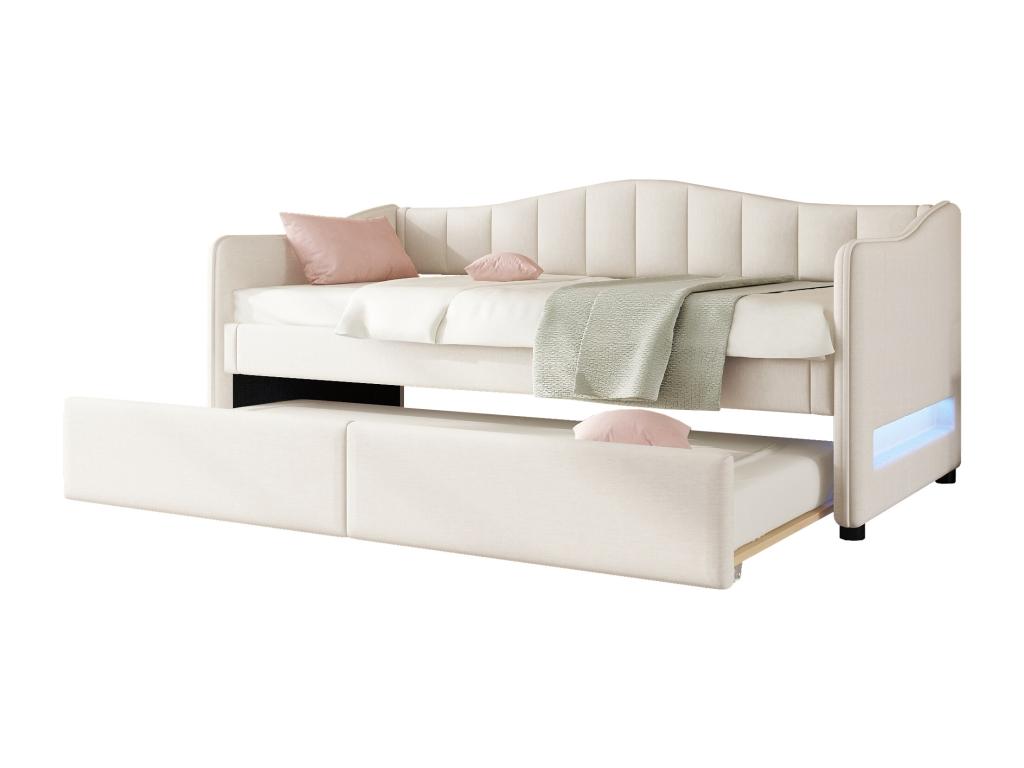 Lit banquette 90x200cm avec LED lit gigogne 90x190cm - rembourré en tissu lin - Matelas beige non inclus EIKH74871