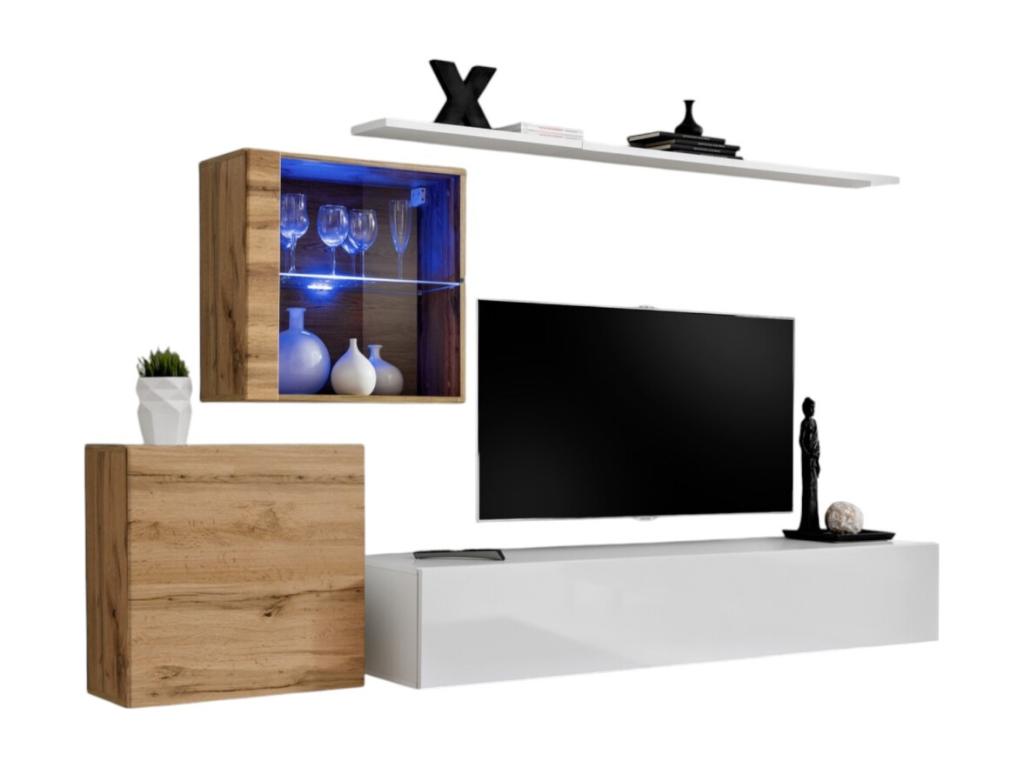 Ensemble meuble salon mural SWITCH XV design Couleuris blanc brillant et chêne Chicyla. ZRVI68254