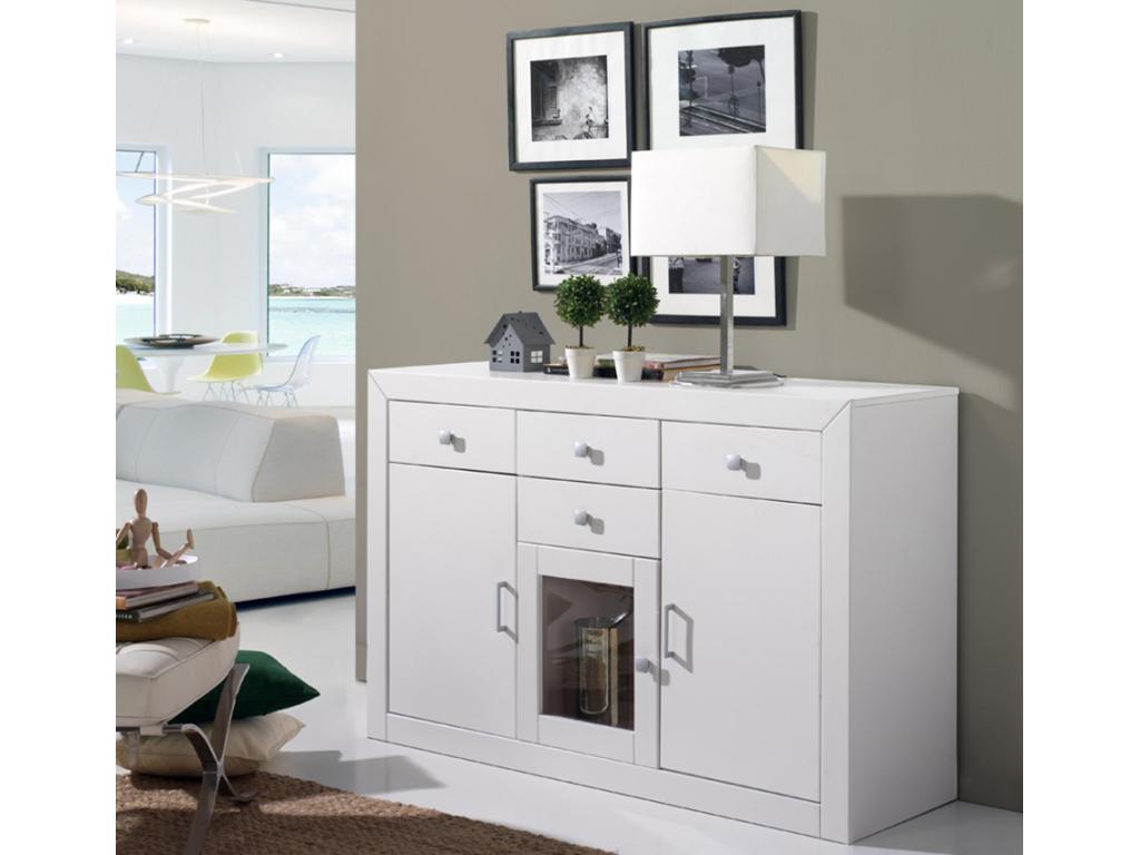 Buffet meuble de rangement en MDF et pin massif laqué blanc - Longueur 130 x Profondeur 42 x Hauteur 86 cm UEAD28589