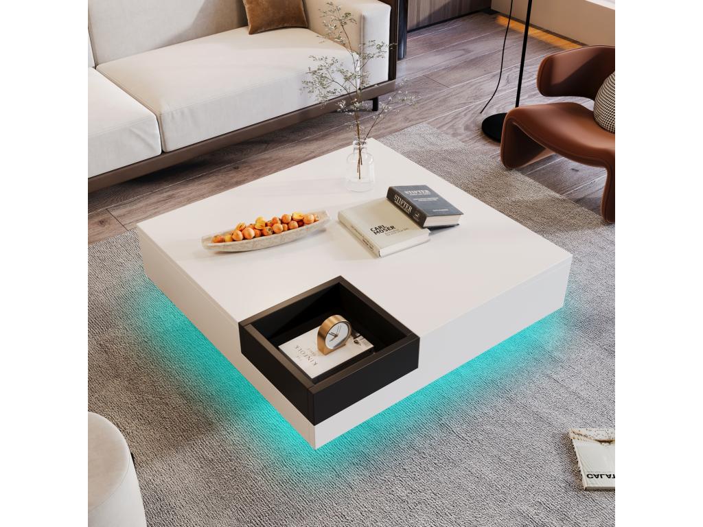 Table basse LED carré 72x72x30 cm table de salon table d'appoint avec boîte de rangement amovible Couleuris blanc KPAM92540