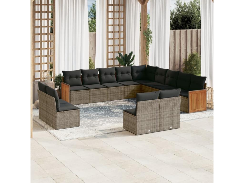 Salon de jardin avec coussins 13 pcs gris résine tressée TJOU26697