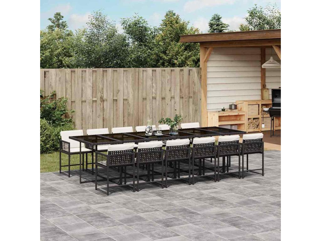 Ensemble à manger de jardin 13 pièces coussins noir résine tressée UPFC28002