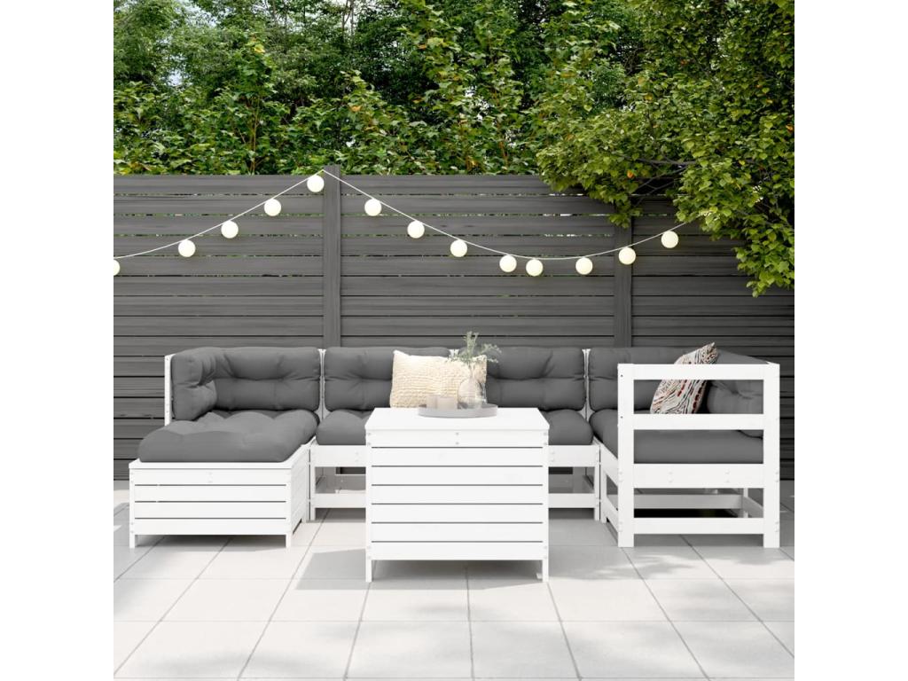 Salon de jardin 7 pièces blanc bois de pin massif LCEW92881
