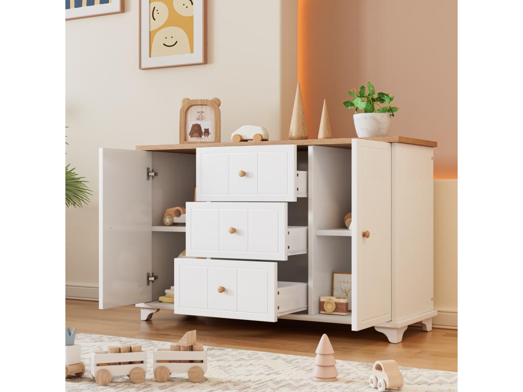 Buffet 140x45x84cm avec 3 tiroirs et 2 portes avec poignée pour le séjour et la chambre MDF aggloméré blanc naturel RXLC66475
