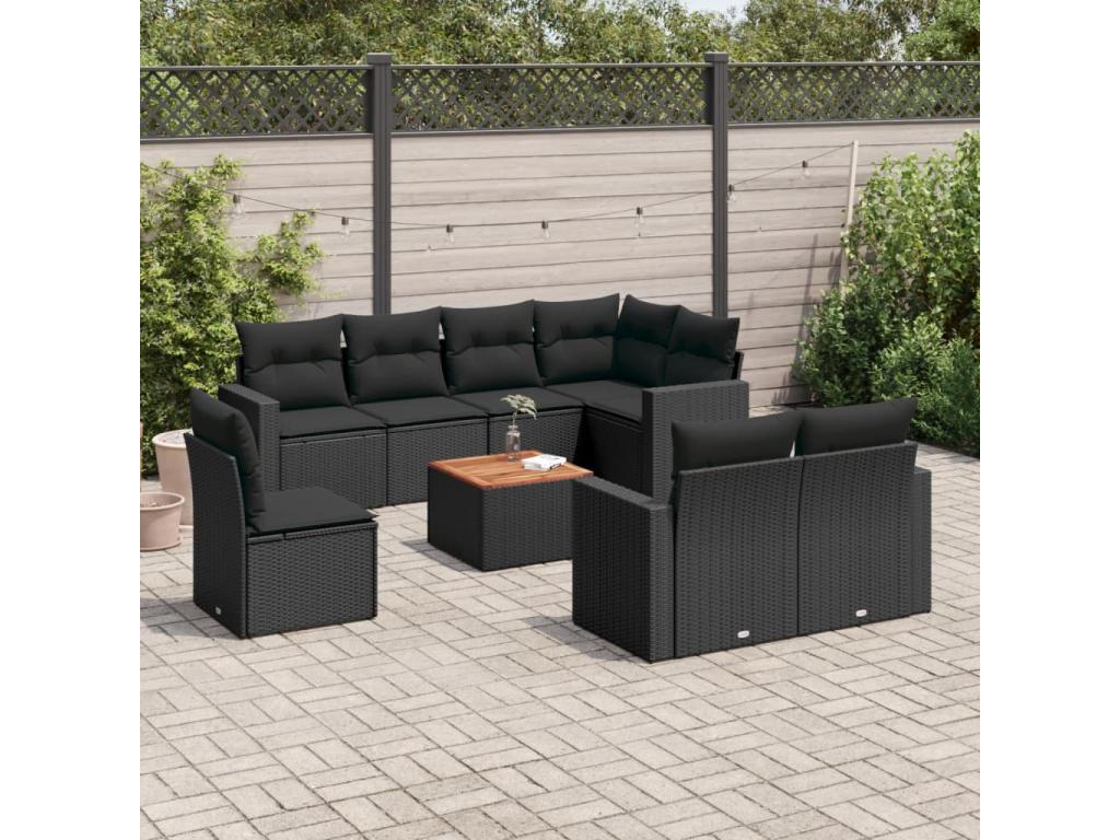 Salon de jardin 9 pcs avec coussins noir résine tressée EJLA41527