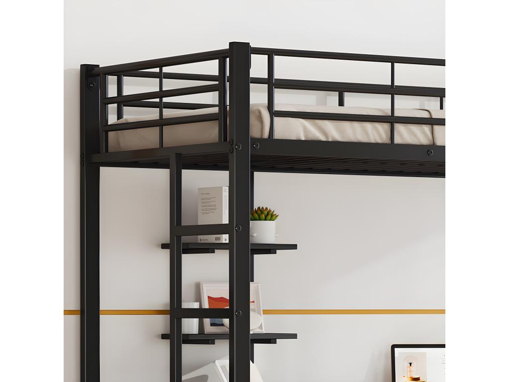 Lit mezzanine 90x200 cm - avec bureau et étagères - cadre en fer - Noir CXMO71935