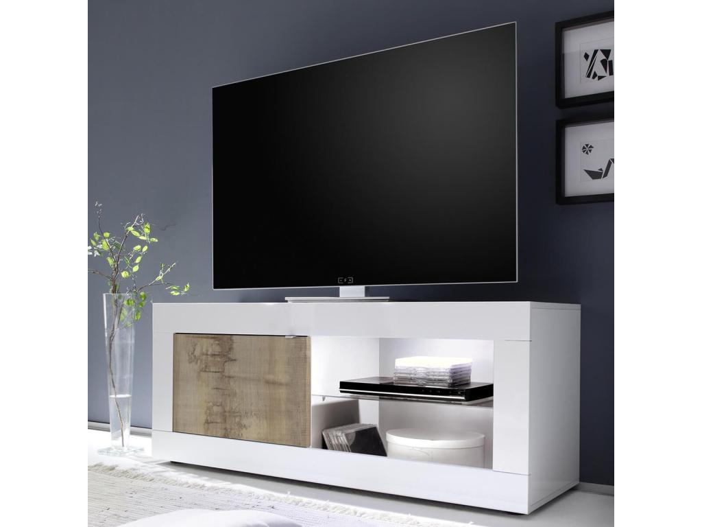 Chicyla - Meuble TV 1 Portes 2 Niches Blanc Laqué et Aspect Bois Chicyla avec Leds FMJX05797
