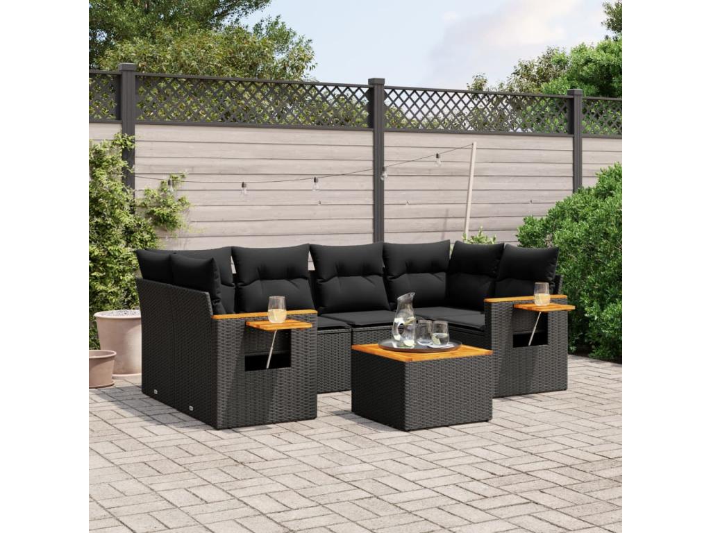 Salon de jardin 7 pcs avec coussins noir résine tressée GDOS37720