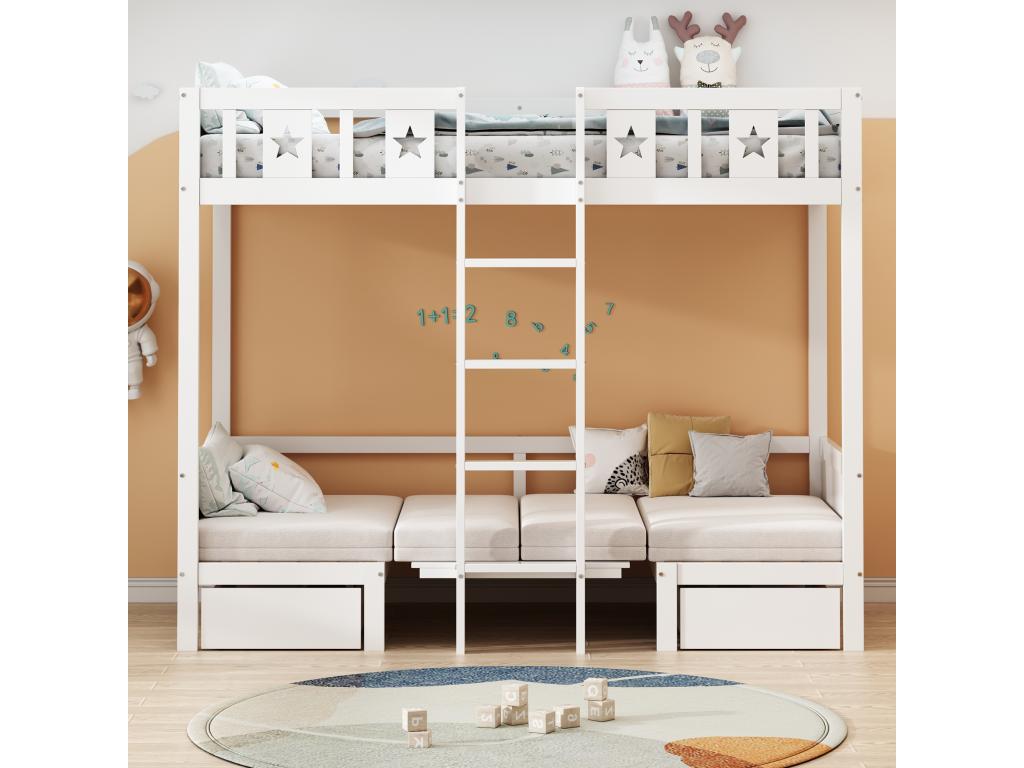 Lits superposés 90x200 cm avec 2 tiroirs et 4 coussins - lit/bureau 2 en 1 - bois MDF - Blanc UTWX95832