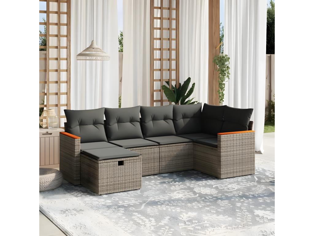 Salon de jardin 6 pcs avec coussins gris résine tressée DSPO00509