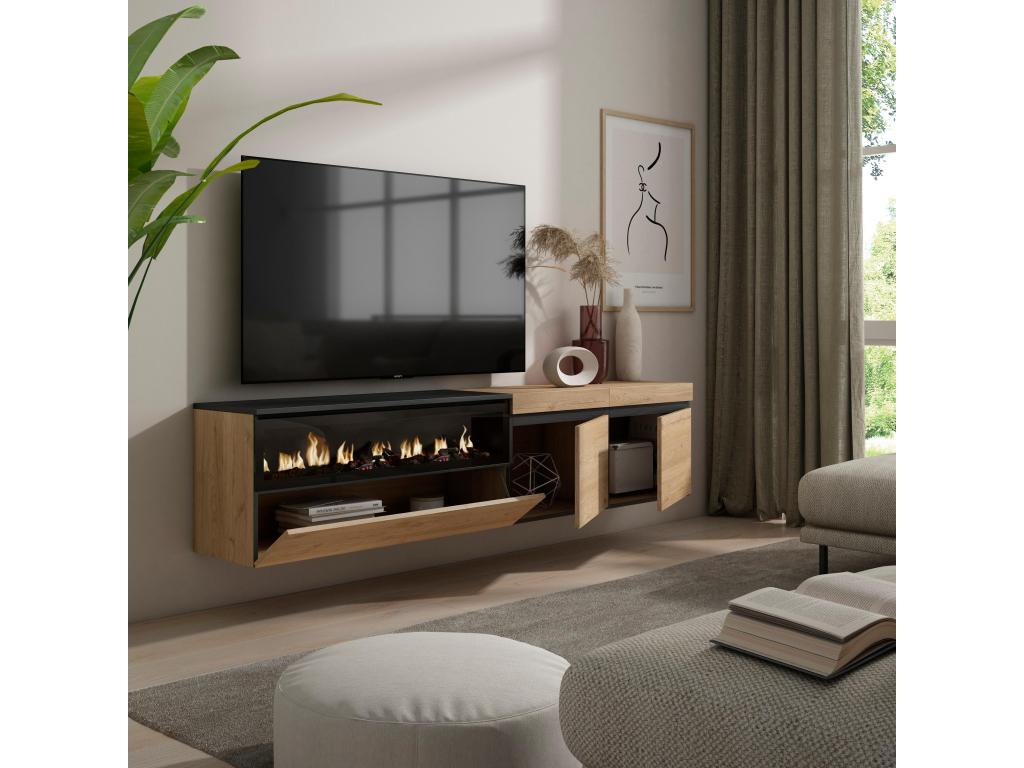 Meuble TV Banc Télé 200x45x35cm Pour les TV jusqu'à 80 Cheminée électrique Suspendu Mural Chêne et noir FHVO07282