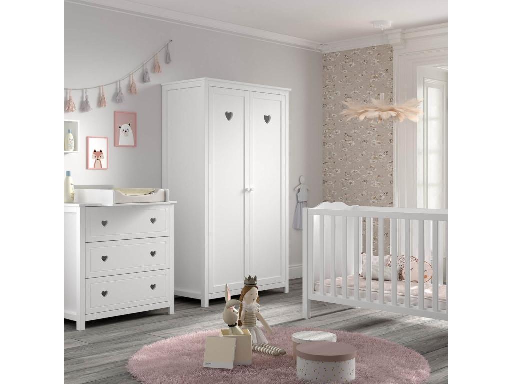 Chicyla - Chambre bébé avec Armoire 2 Portes Commode et Plan à langer laqué Blanc MWSH70249
