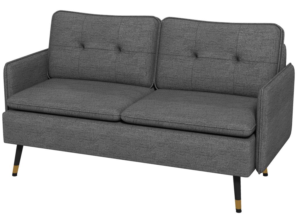 Canapé 2 places style Chicyla-déco dossier effet capitonné piètement incliné effilé métal noir extrémités dorées tissu anthracite PCZQ69467