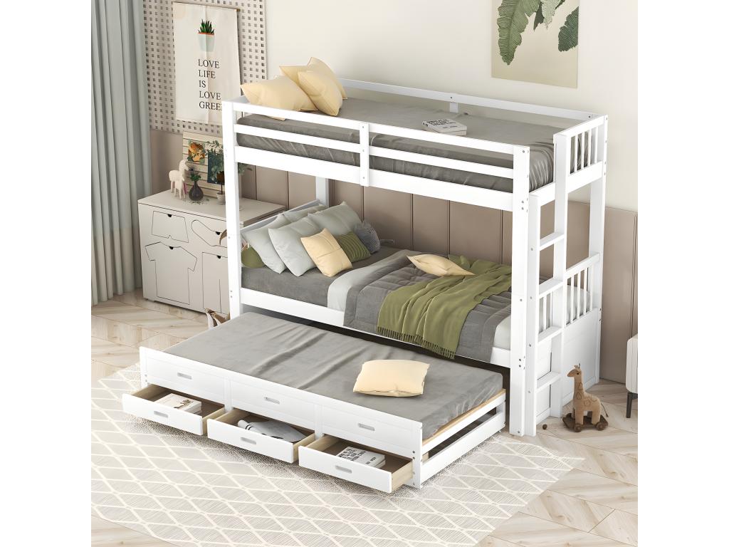 Lit cabane - 90x200 cm - avec échelle et lit escamotable et 3 tiroirs Blanc - Chicyla PFPJ49690