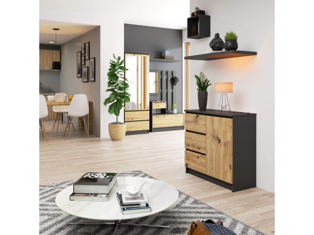 Commode Chicyla Gris Graphite 80 cm 1 porte 3 tiroirs façade Chêne Chicyla 2 étagères 80x35x77 cm SJEX43849