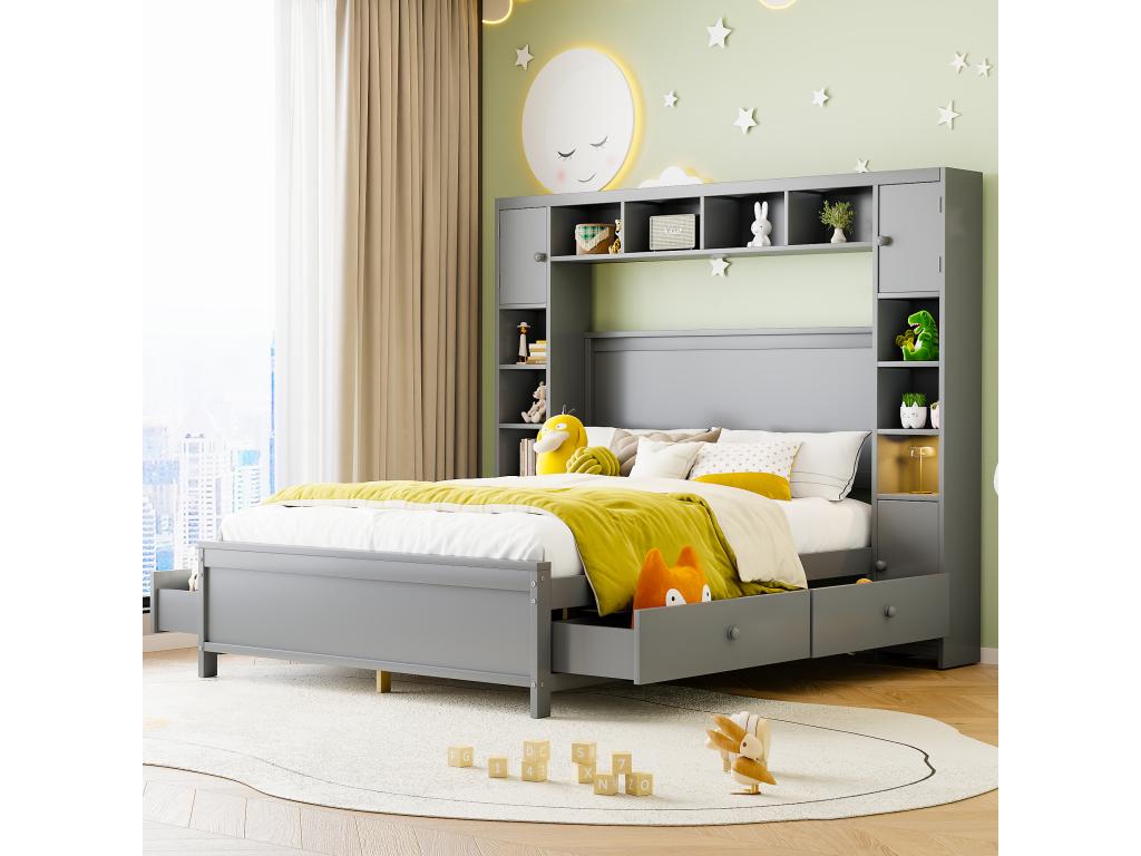 Cadre de lit gris avec rangement 140 x 200 avec 4 tiroirs et grand casier lit double en bois massif sommier à Chicyla XWIN78196