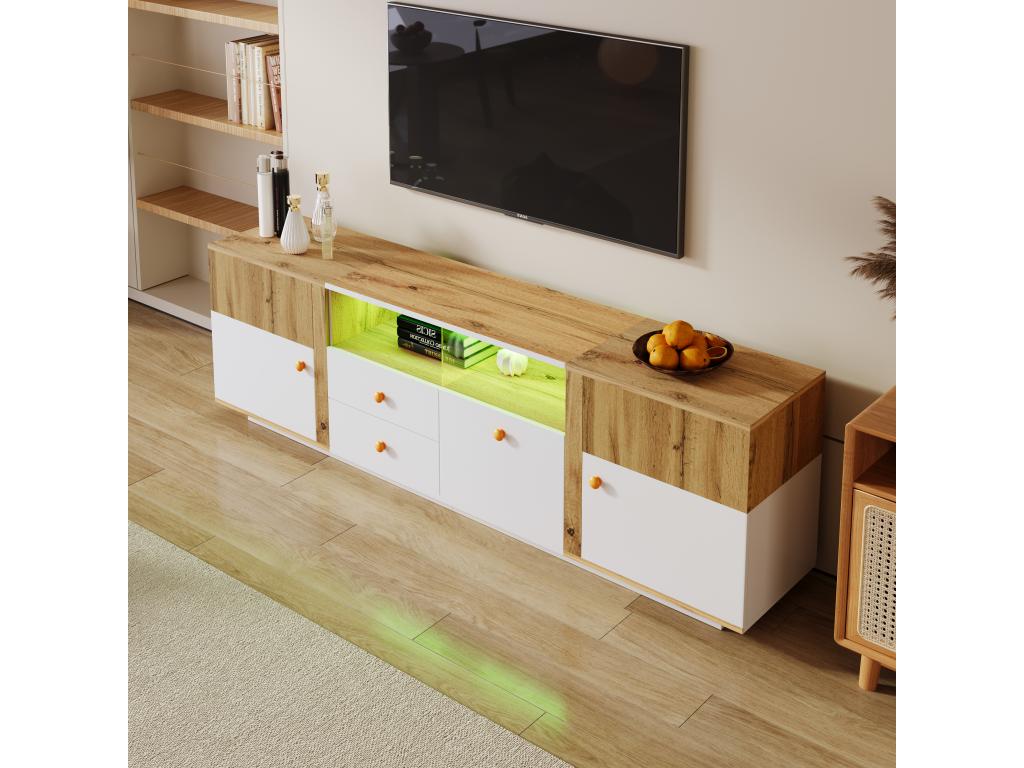 Meuble TV avec 2 portes 3 tiroirs / 2 niches - LEDs - Panneaux de particules - Chêne et blanc YRNU73469