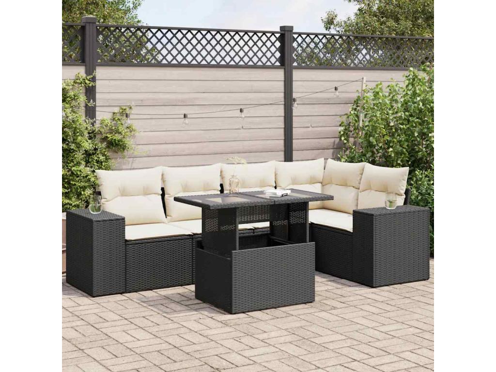 Salon de jardin 6 pièces avec coussins noir résine tressée SYRX78668
