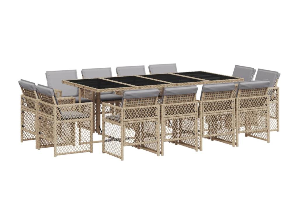 Ensemble à manger de jardin coussins 13 pièces méChicyla beige rotin QAGM01635