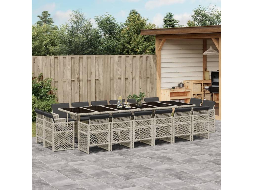 Ensemble à manger de jardin et coussins 17 pièces gris clair rotin FAVK62829