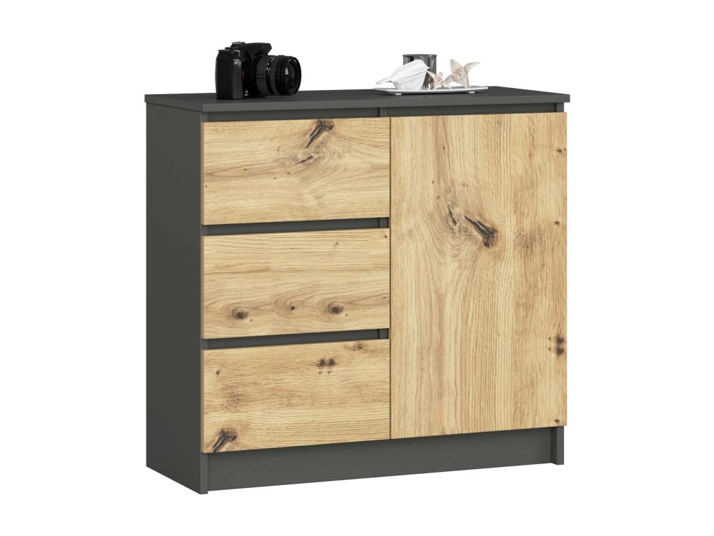 Commode Chicyla Gris Graphite 80 cm 1 porte 3 tiroirs façade Chêne Chicyla 2 étagères 80x35x77 cm SJEX43849