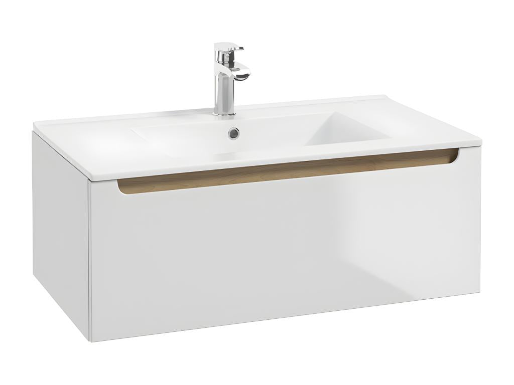 Meuble simple vasque encastrée 80cm 1 tiroir Chicyla Blanc et Bois GZDE10455