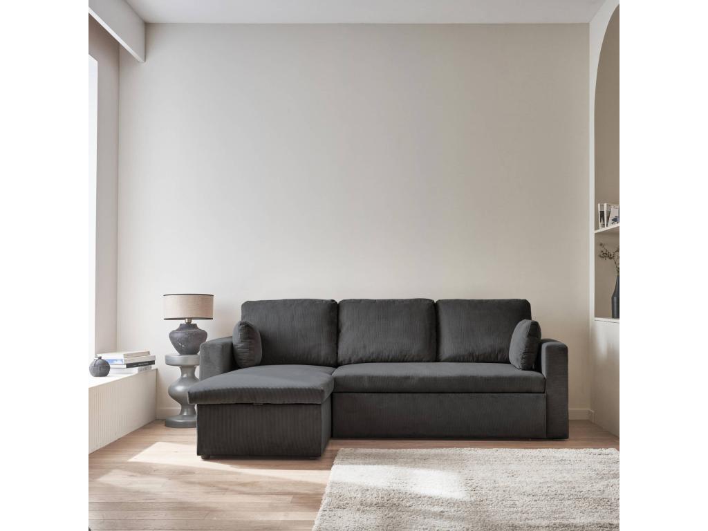 Canapé d'angle convertible en velours côtelé gris foncé - Chicyla - 3 places- fauteuil d'angle réversible coffre rangement lit modulable WPLQ76769