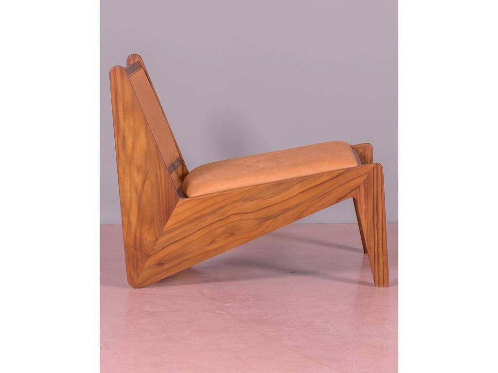 Fauteuil bas en bois de teck massif et recouvert de cuir italien - Chicyla - Cognac FOIP30967