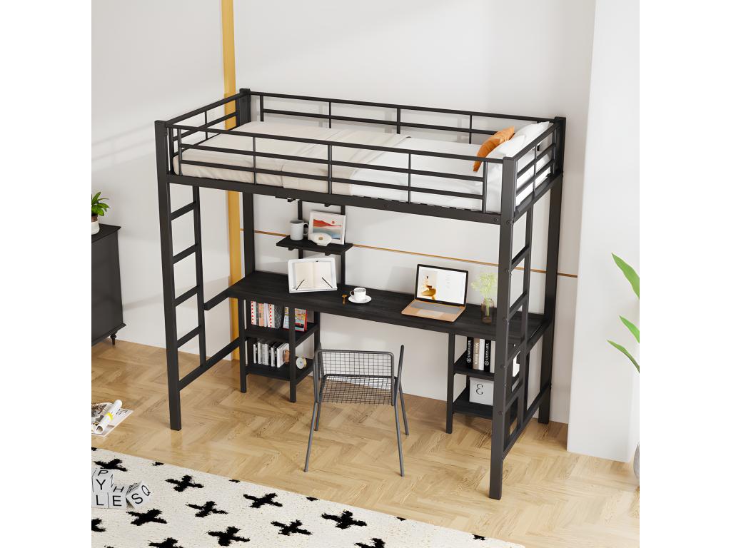 Lit mezzanine 90x200 cm - avec bureau et étagères - cadre en fer - Noir CXMO71935
