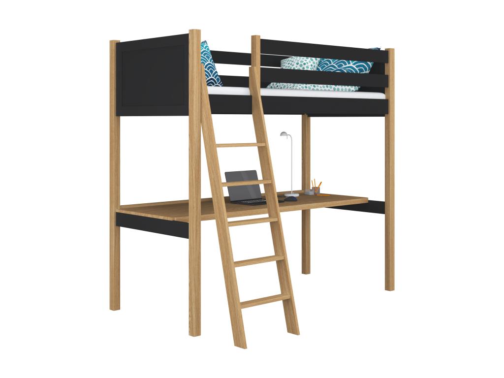 Lit mezzanine en bois - avec bureau N04 Noir / Chêne Naturel 120x200 FJPP57400