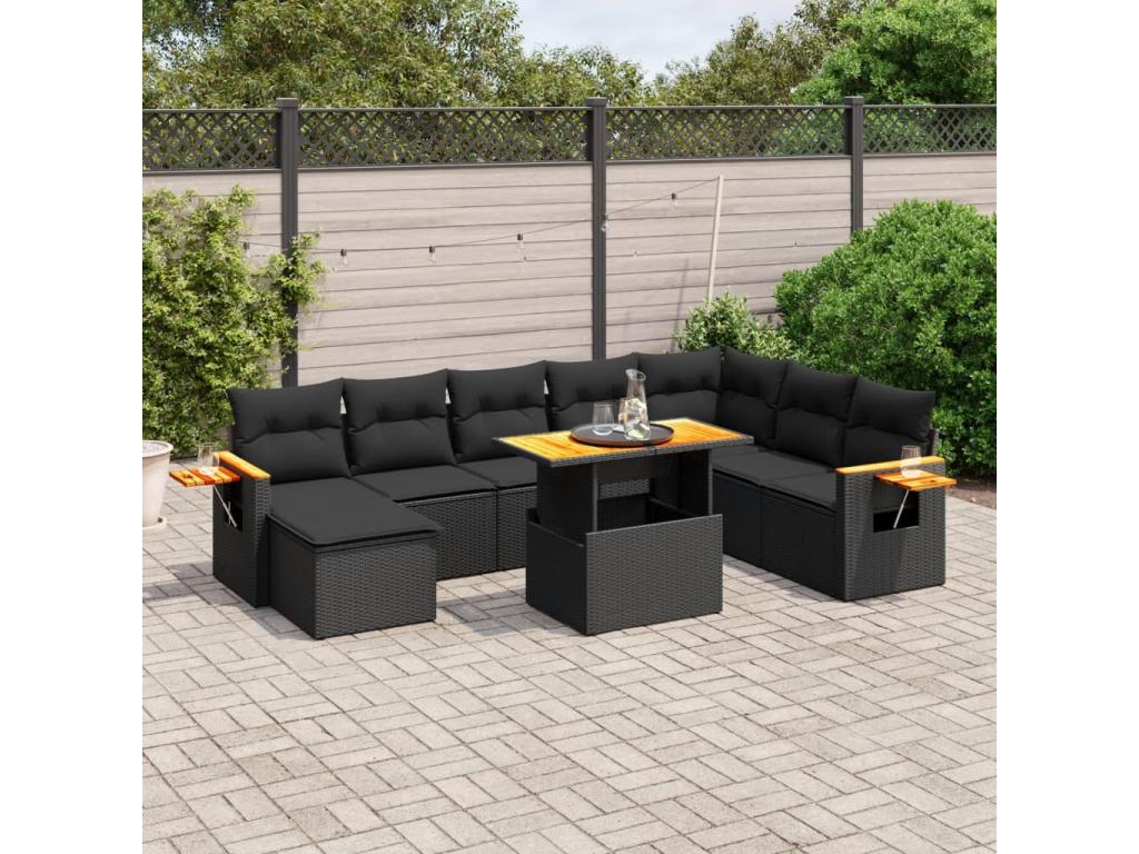 Salon de jardin 9 pcs avec coussins noir résine tressée GJZC38521