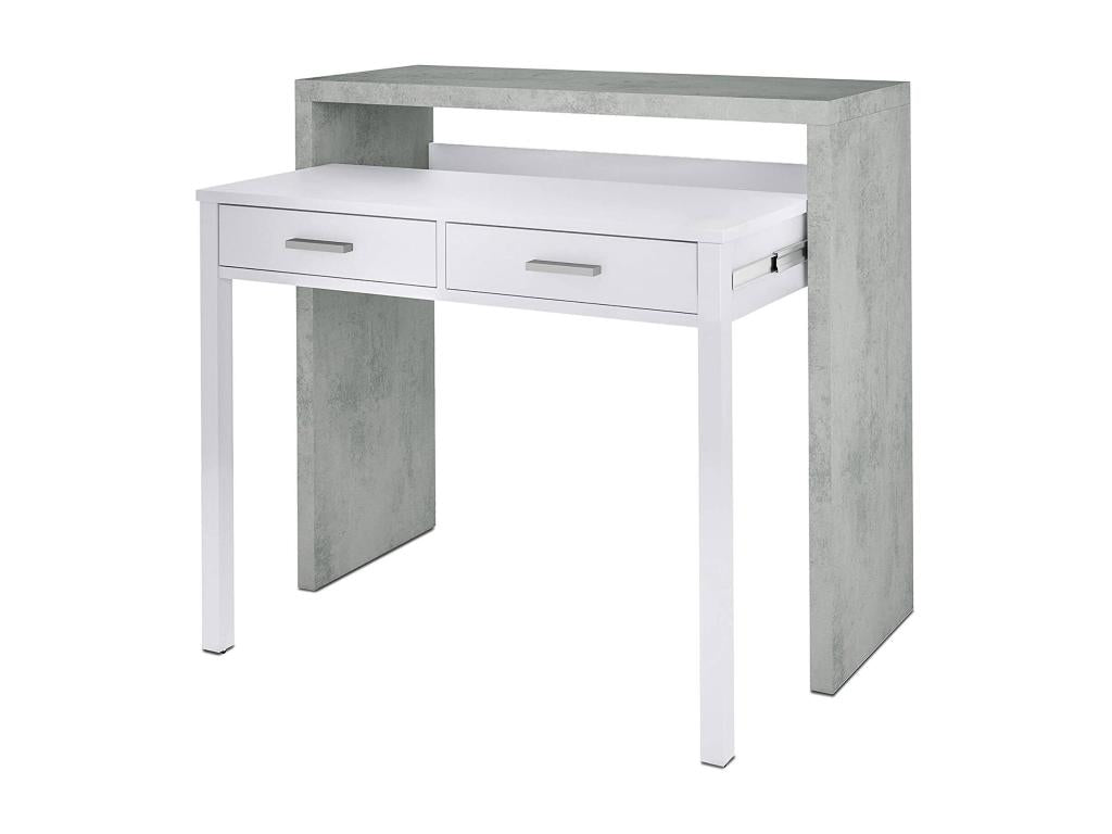Bureau Chicyla Bureau avec plateau extensible Bureau PC avec 2 tiroirs 99x36h88 cm Ciment et Blanc GFHZ83366